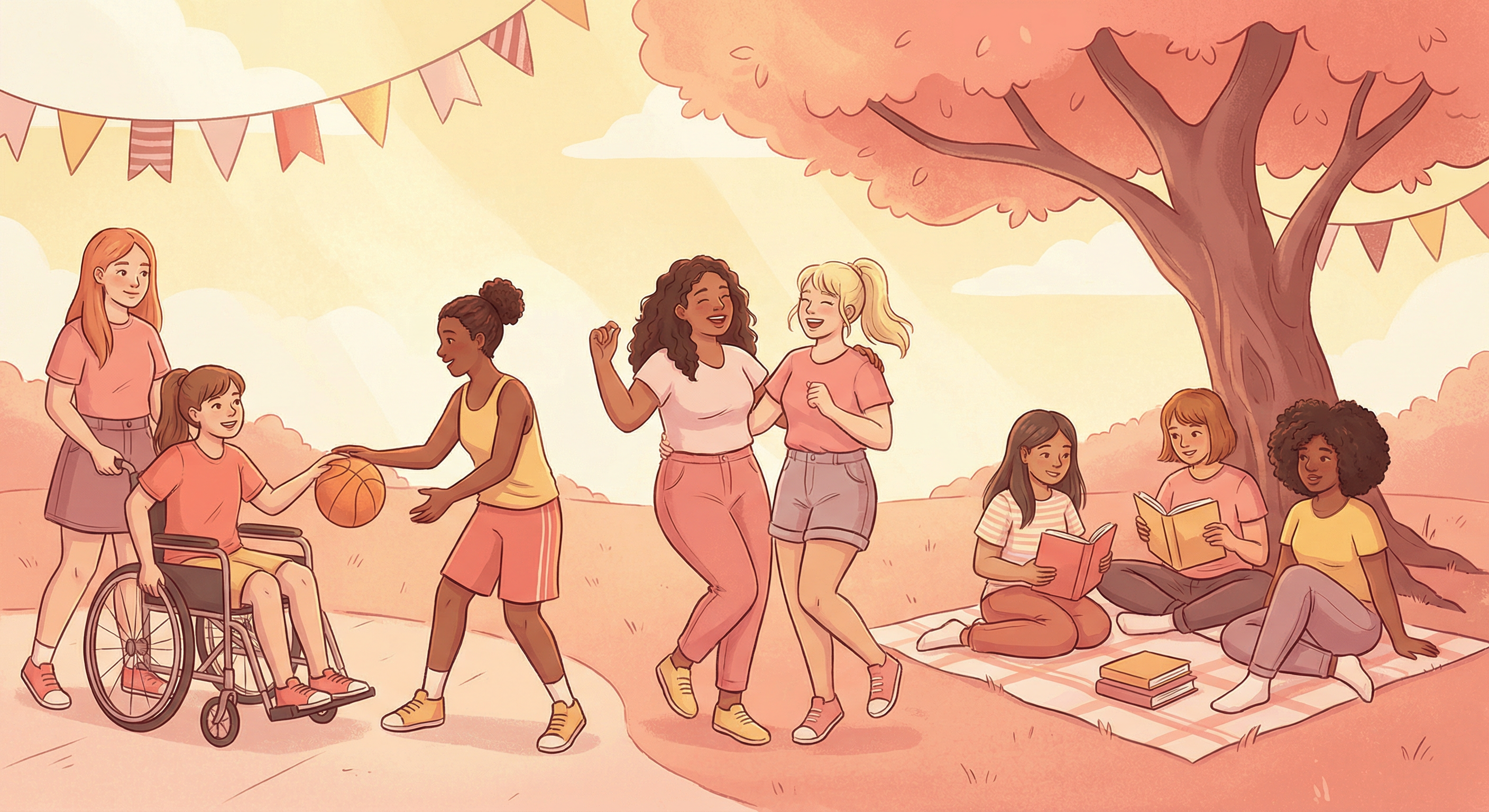 Diverse group of girls celebrating together, playing sports, reading, and enjoying activities