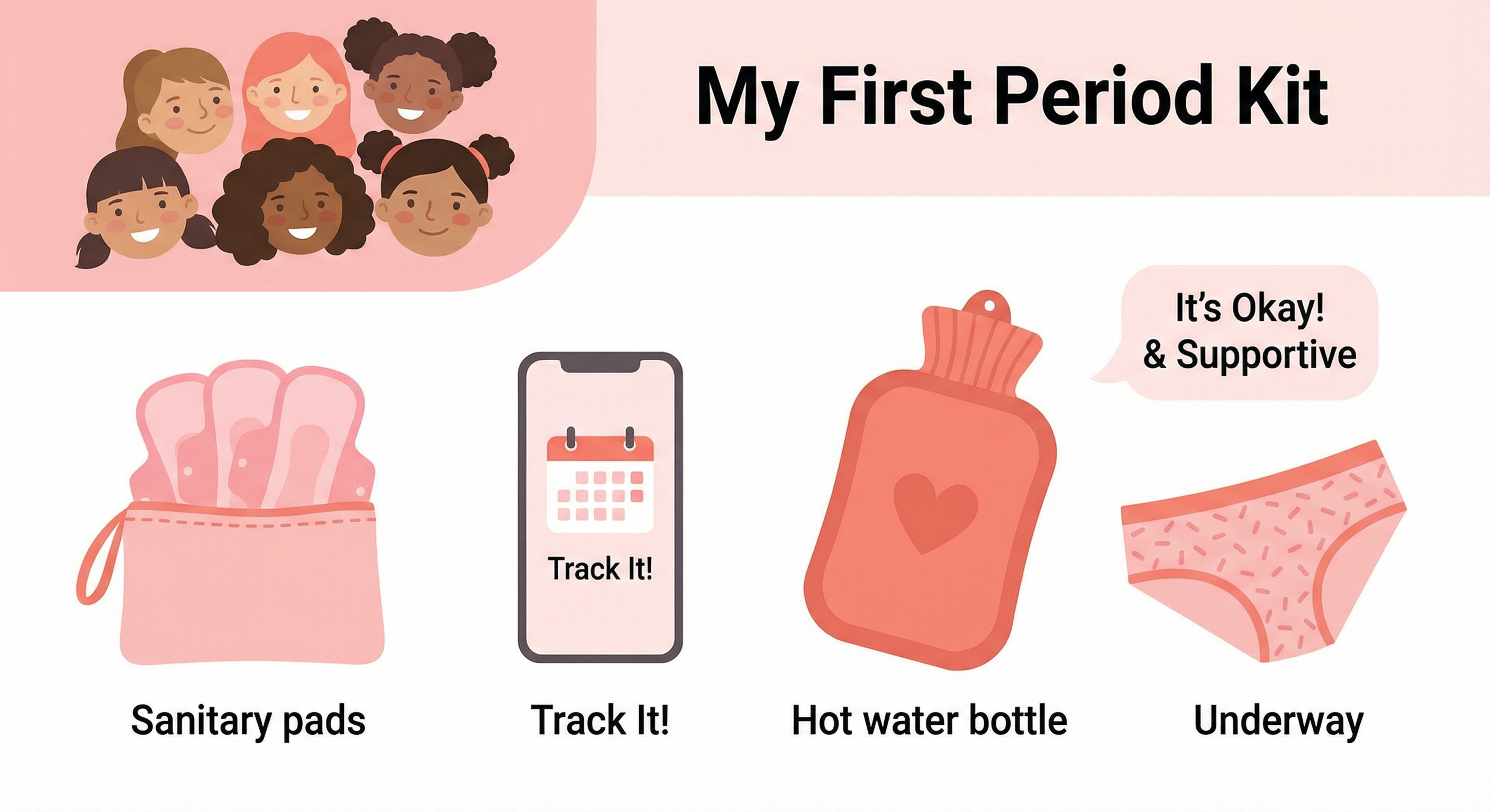 First period kit essentials - pads, tracking app, hot water bottle, and comfortable underwear