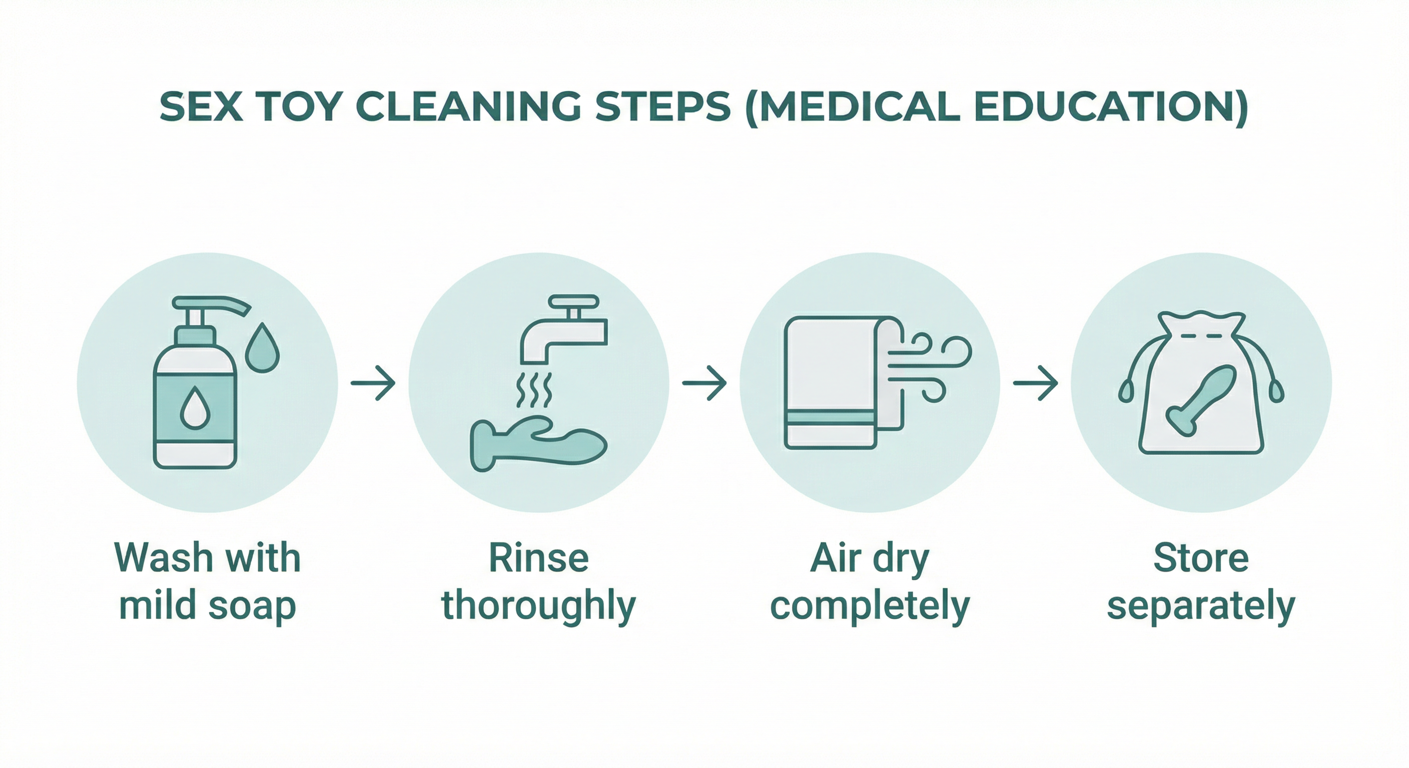 Sex toy cleaning steps - wash, rinse, dry, store